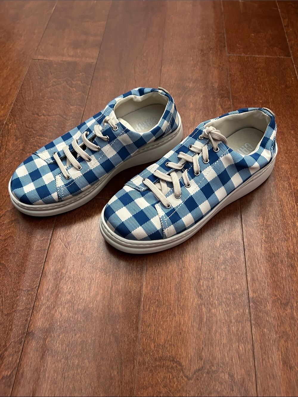 Camper Blue & White Gingham Lace Up Sneaker, Perfect for Summer, Size 7.5 (38)